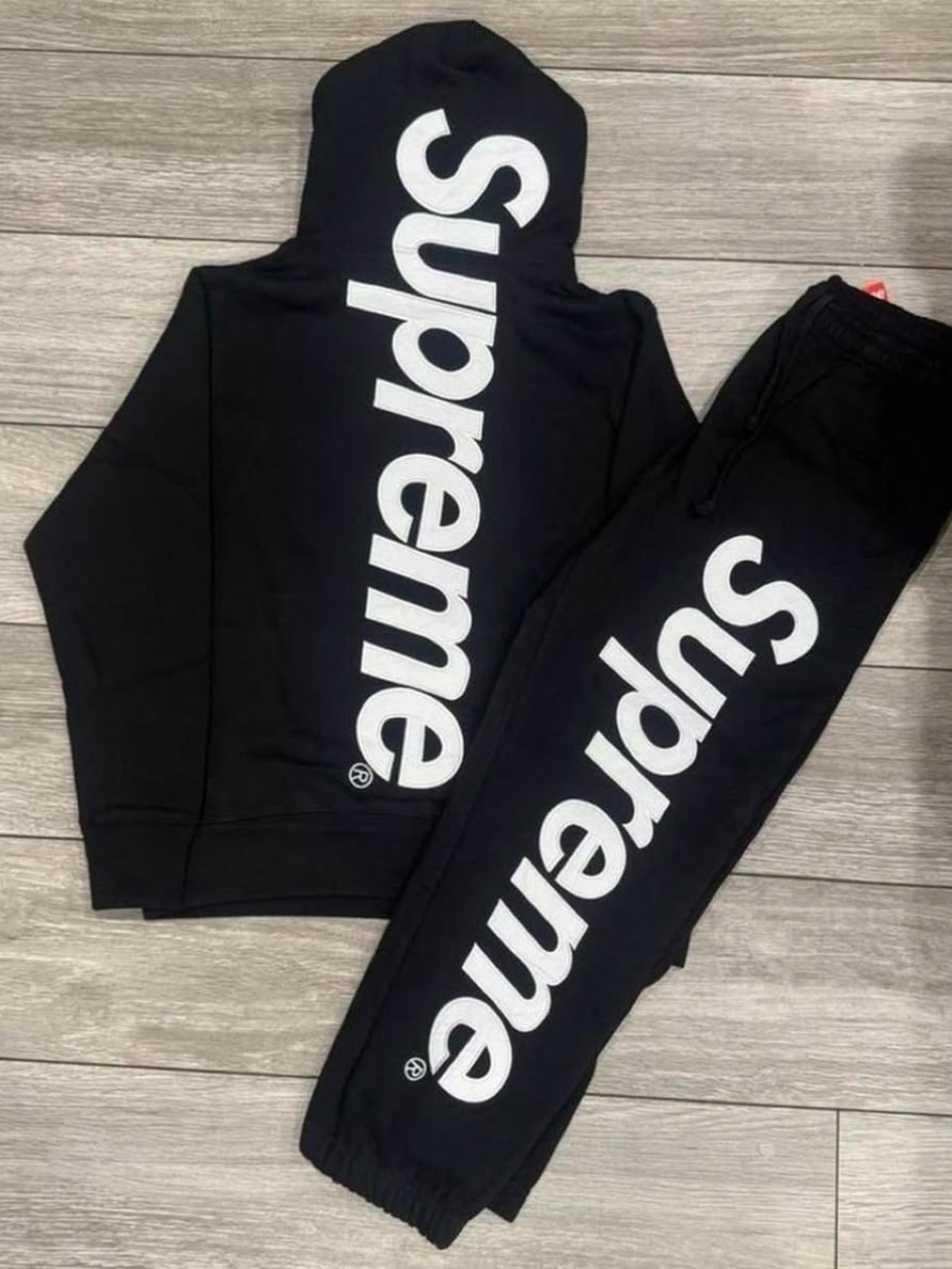 Supreme Black Hoodie & Sweatpants Set with White Vertical Logo